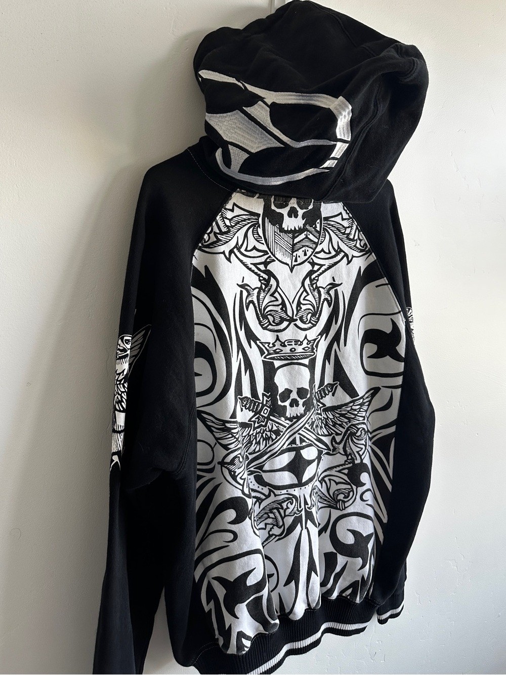 No Fear Y2K Full Zip Hoodie Black White Skull Wings Graphic Grunge Size Large - Picture 6 of 10